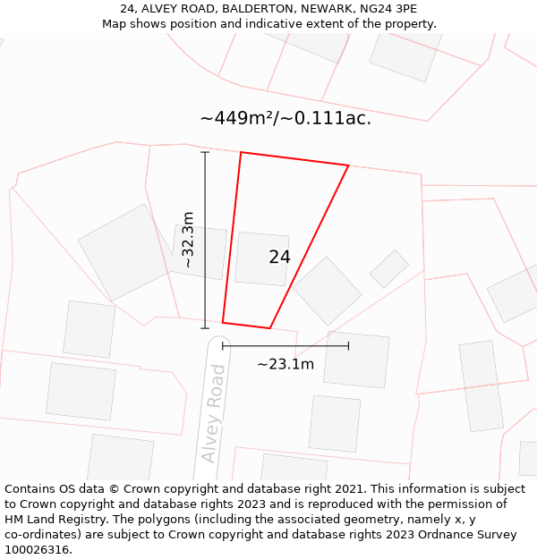 24, ALVEY ROAD, BALDERTON, NEWARK, NG24 3PE: Plot and title map