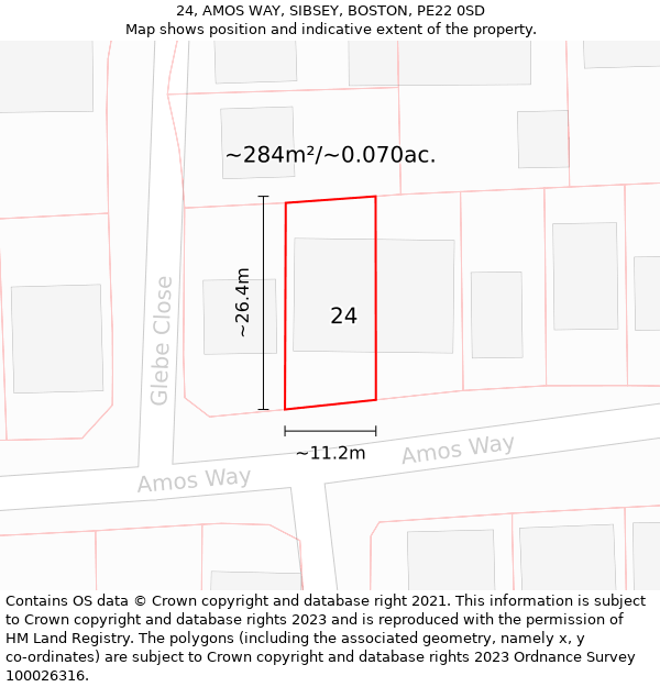 24, AMOS WAY, SIBSEY, BOSTON, PE22 0SD: Plot and title map