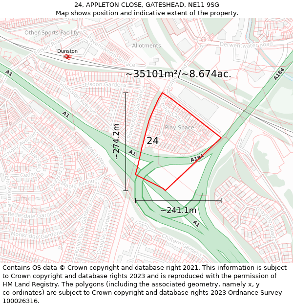 24, APPLETON CLOSE, GATESHEAD, NE11 9SG: Plot and title map