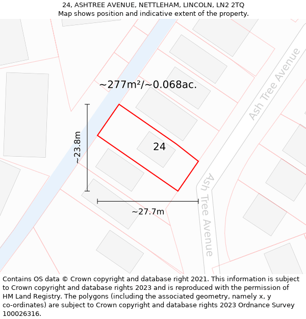 24, ASHTREE AVENUE, NETTLEHAM, LINCOLN, LN2 2TQ: Plot and title map