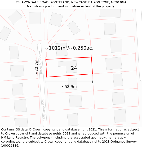 24, AVONDALE ROAD, PONTELAND, NEWCASTLE UPON TYNE, NE20 9NA: Plot and title map