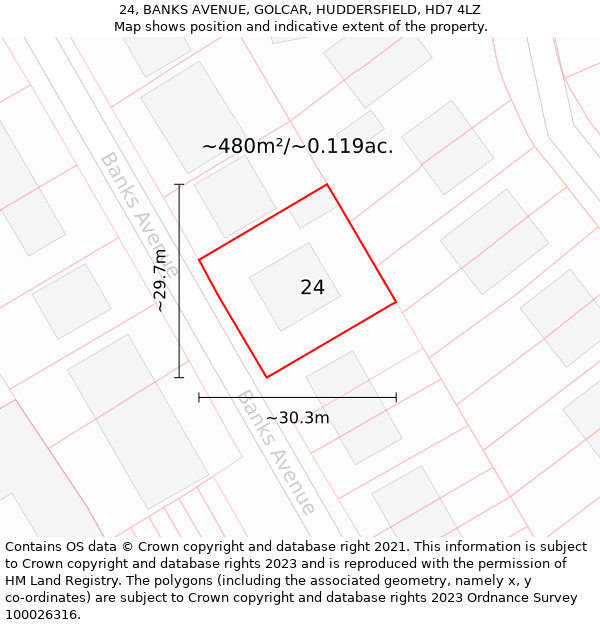 24, BANKS AVENUE, GOLCAR, HUDDERSFIELD, HD7 4LZ: Plot and title map