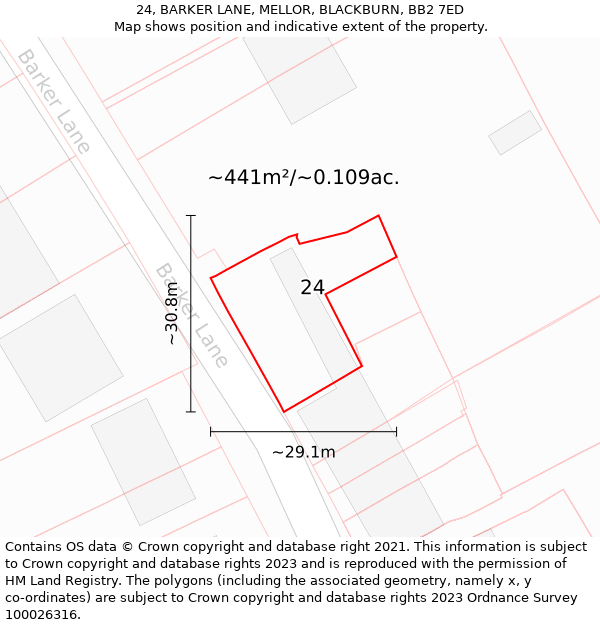 24, BARKER LANE, MELLOR, BLACKBURN, BB2 7ED: Plot and title map