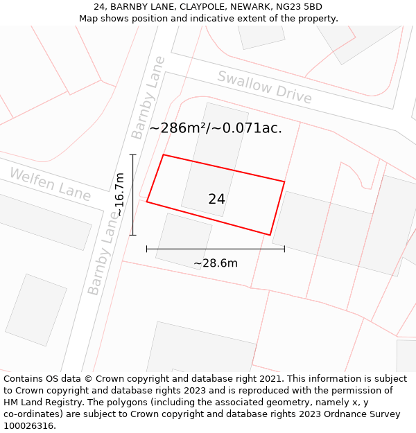 24, BARNBY LANE, CLAYPOLE, NEWARK, NG23 5BD: Plot and title map