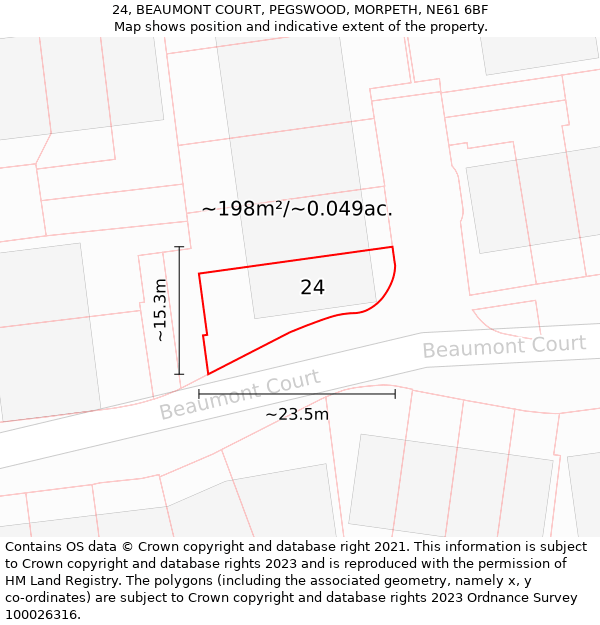 24, BEAUMONT COURT, PEGSWOOD, MORPETH, NE61 6BF: Plot and title map