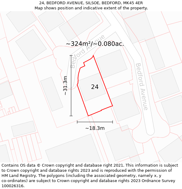 24, BEDFORD AVENUE, SILSOE, BEDFORD, MK45 4ER: Plot and title map