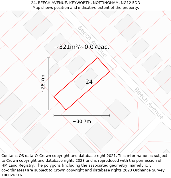 24, BEECH AVENUE, KEYWORTH, NOTTINGHAM, NG12 5DD: Plot and title map