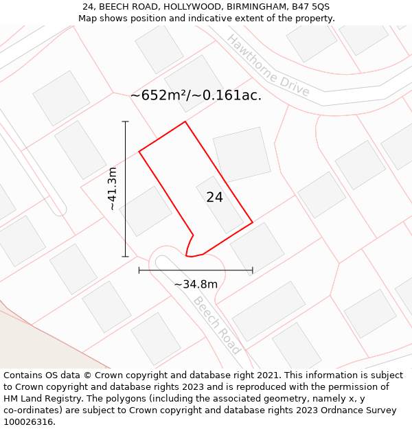 24, BEECH ROAD, HOLLYWOOD, BIRMINGHAM, B47 5QS: Plot and title map