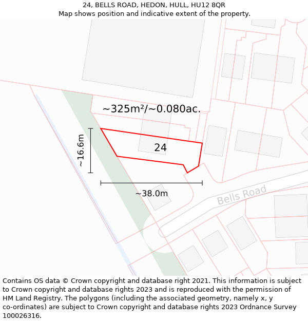 24, BELLS ROAD, HEDON, HULL, HU12 8QR: Plot and title map