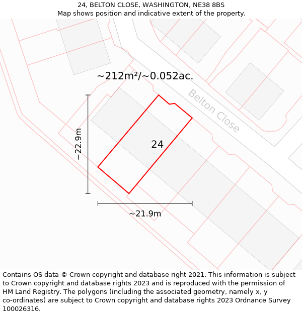 24, BELTON CLOSE, WASHINGTON, NE38 8BS: Plot and title map