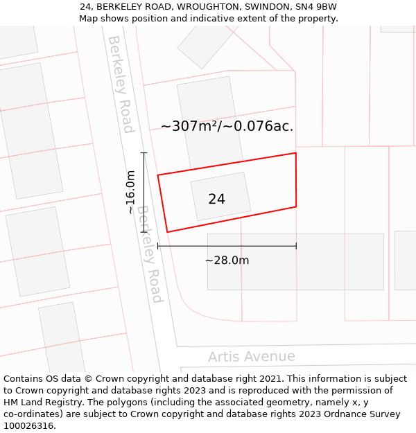 24, BERKELEY ROAD, WROUGHTON, SWINDON, SN4 9BW: Plot and title map