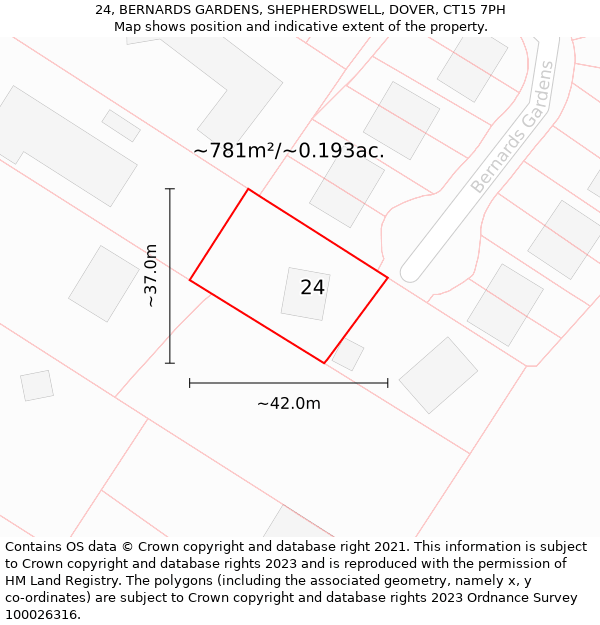 24, BERNARDS GARDENS, SHEPHERDSWELL, DOVER, CT15 7PH: Plot and title map