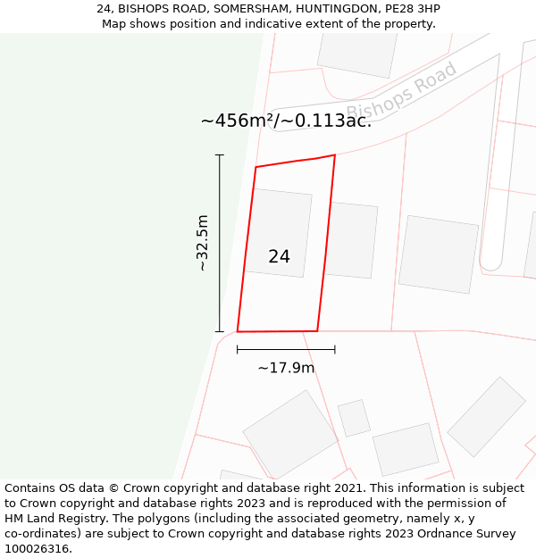 24, BISHOPS ROAD, SOMERSHAM, HUNTINGDON, PE28 3HP: Plot and title map