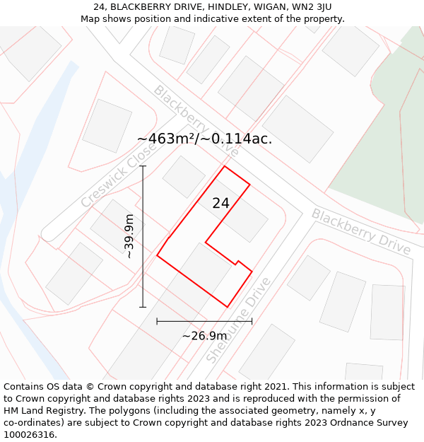 24, BLACKBERRY DRIVE, HINDLEY, WIGAN, WN2 3JU: Plot and title map