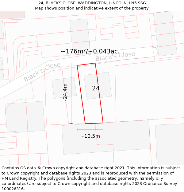 24, BLACKS CLOSE, WADDINGTON, LINCOLN, LN5 9SG: Plot and title map