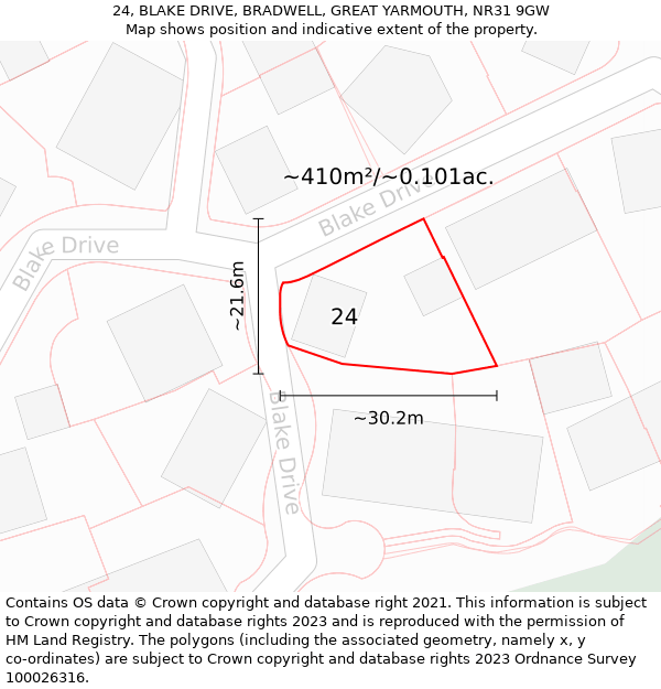 24, BLAKE DRIVE, BRADWELL, GREAT YARMOUTH, NR31 9GW: Plot and title map