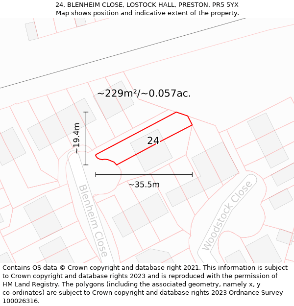 24, BLENHEIM CLOSE, LOSTOCK HALL, PRESTON, PR5 5YX: Plot and title map