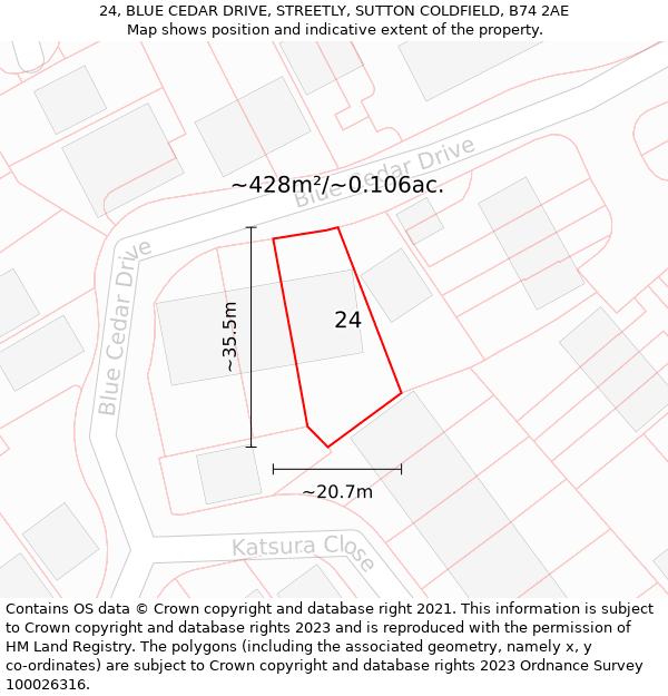 24, BLUE CEDAR DRIVE, STREETLY, SUTTON COLDFIELD, B74 2AE: Plot and title map