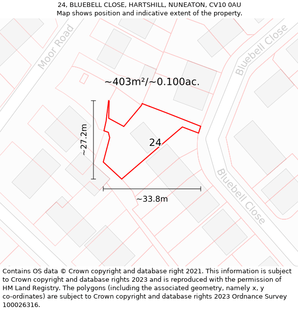 24, BLUEBELL CLOSE, HARTSHILL, NUNEATON, CV10 0AU: Plot and title map