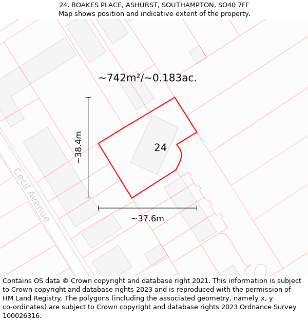 24, BOAKES PLACE, ASHURST, SOUTHAMPTON, SO40 7FF: Plot and title map