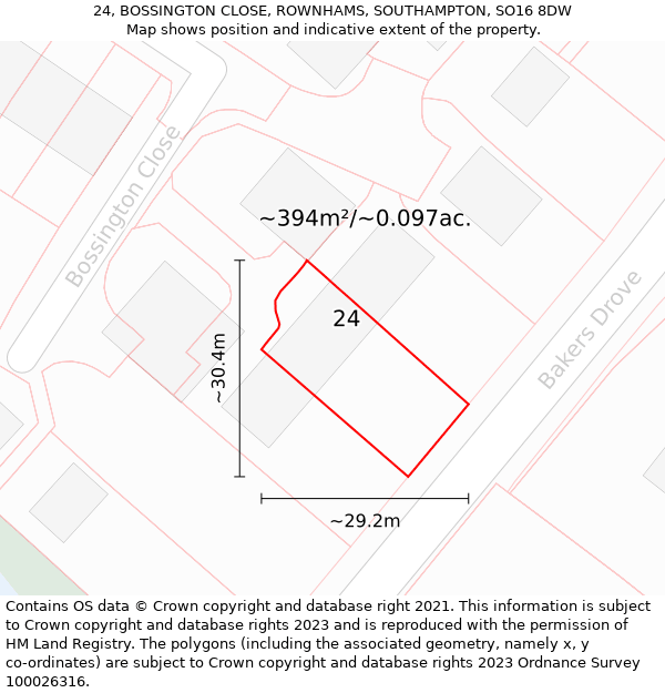 24, BOSSINGTON CLOSE, ROWNHAMS, SOUTHAMPTON, SO16 8DW: Plot and title map