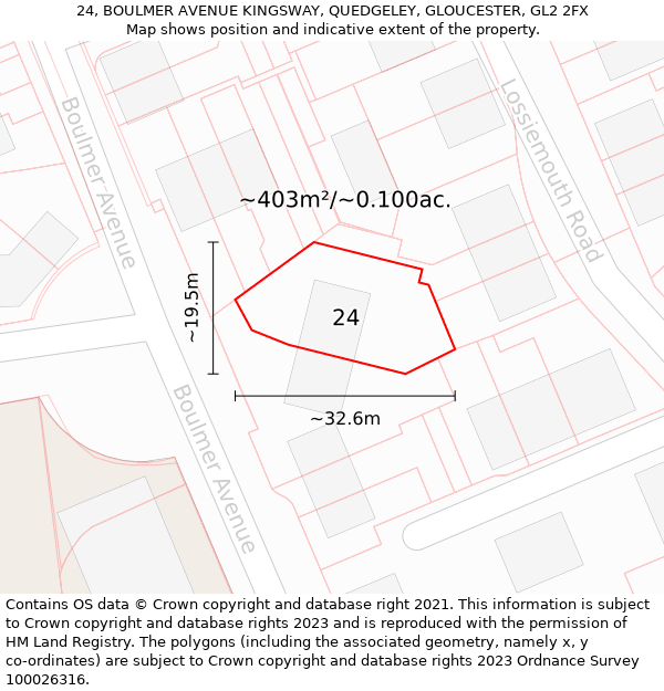 24, BOULMER AVENUE KINGSWAY, QUEDGELEY, GLOUCESTER, GL2 2FX: Plot and title map