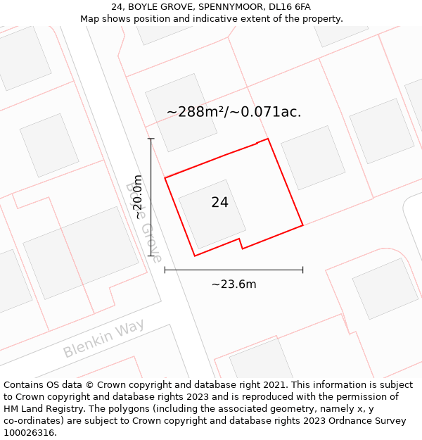 24, BOYLE GROVE, SPENNYMOOR, DL16 6FA: Plot and title map