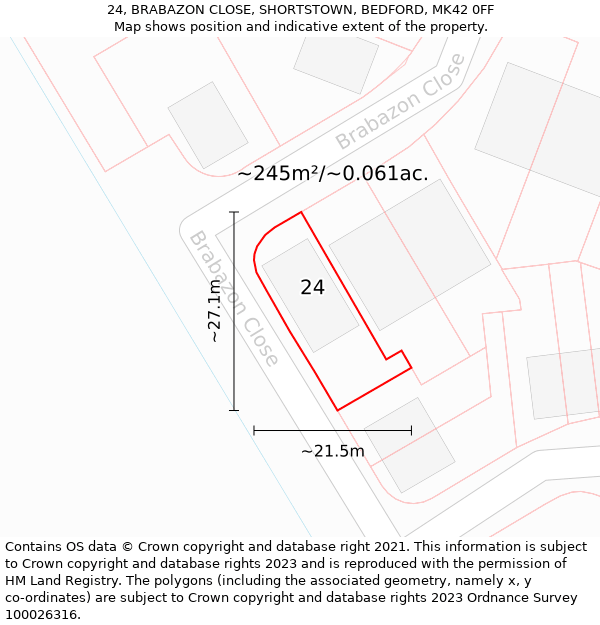 24, BRABAZON CLOSE, SHORTSTOWN, BEDFORD, MK42 0FF: Plot and title map