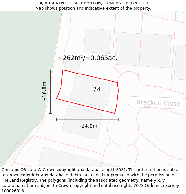 24, BRACKEN CLOSE, BRANTON, DONCASTER, DN3 3UL: Plot and title map