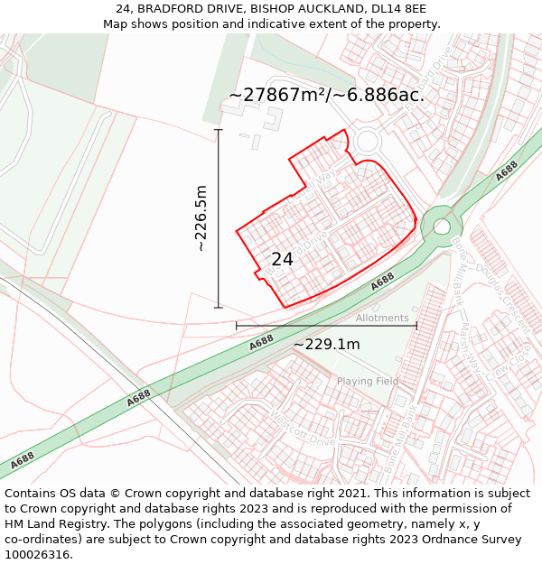 24, BRADFORD DRIVE, BISHOP AUCKLAND, DL14 8EE: Plot and title map
