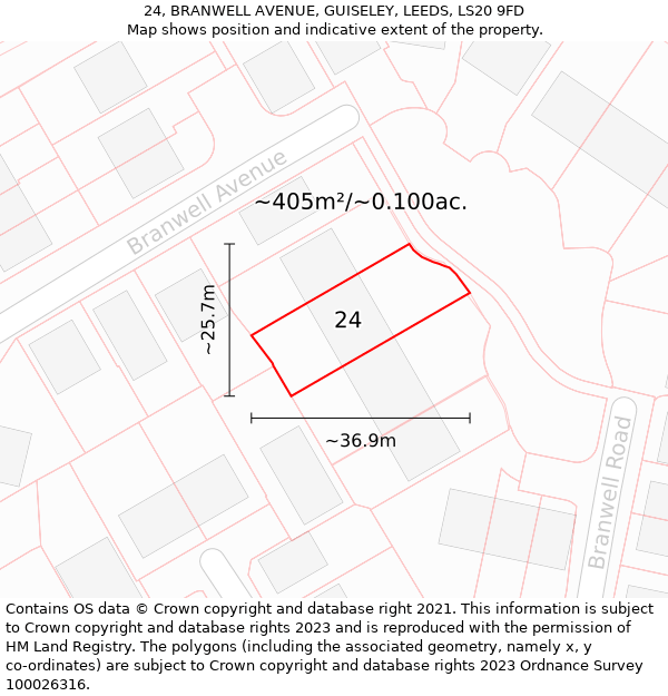 24, BRANWELL AVENUE, GUISELEY, LEEDS, LS20 9FD: Plot and title map