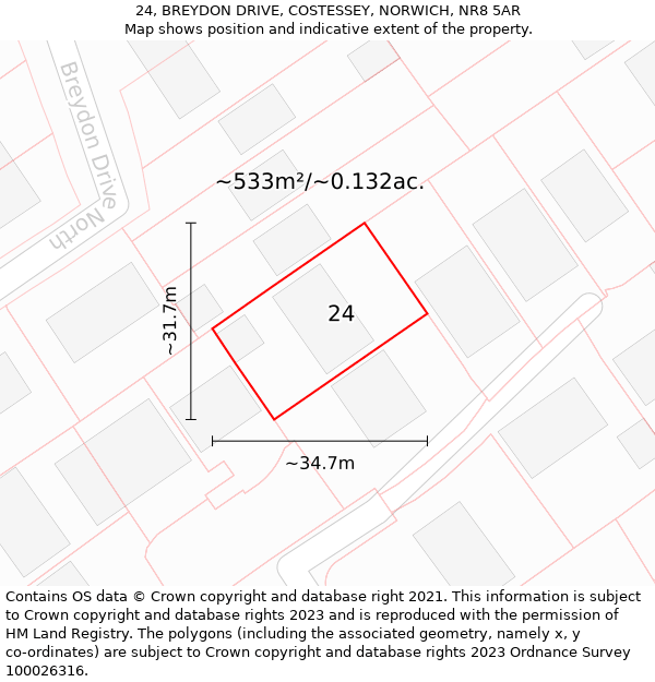 24, BREYDON DRIVE, COSTESSEY, NORWICH, NR8 5AR: Plot and title map