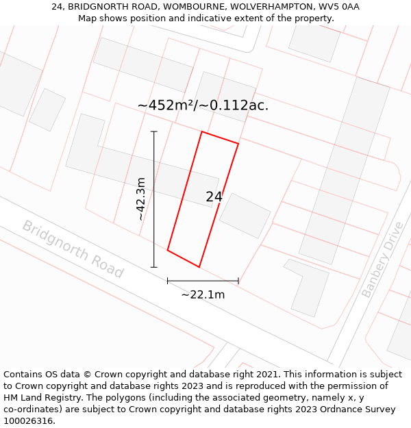 24, BRIDGNORTH ROAD, WOMBOURNE, WOLVERHAMPTON, WV5 0AA: Plot and title map