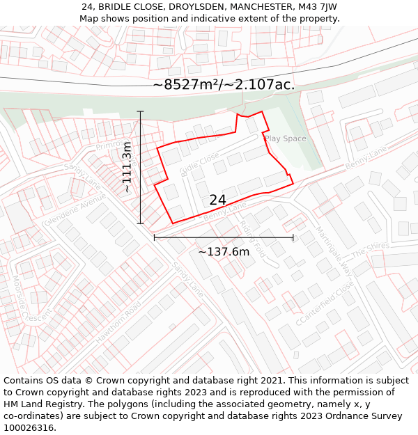 24, BRIDLE CLOSE, DROYLSDEN, MANCHESTER, M43 7JW: Plot and title map