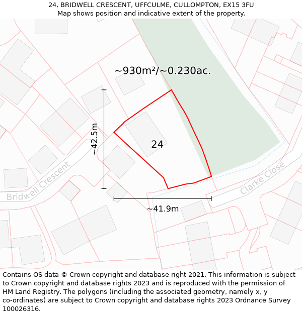 24, BRIDWELL CRESCENT, UFFCULME, CULLOMPTON, EX15 3FU: Plot and title map