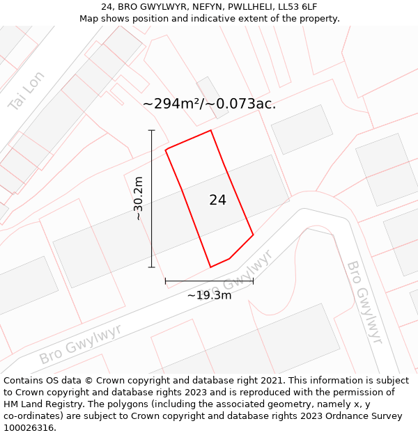 24, BRO GWYLWYR, NEFYN, PWLLHELI, LL53 6LF: Plot and title map