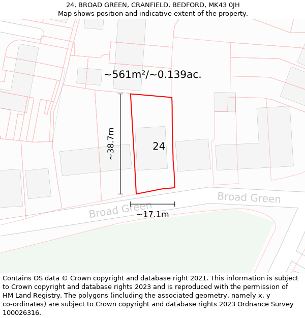 24, BROAD GREEN, CRANFIELD, BEDFORD, MK43 0JH: Plot and title map