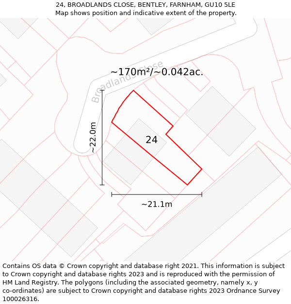 24, BROADLANDS CLOSE, BENTLEY, FARNHAM, GU10 5LE: Plot and title map