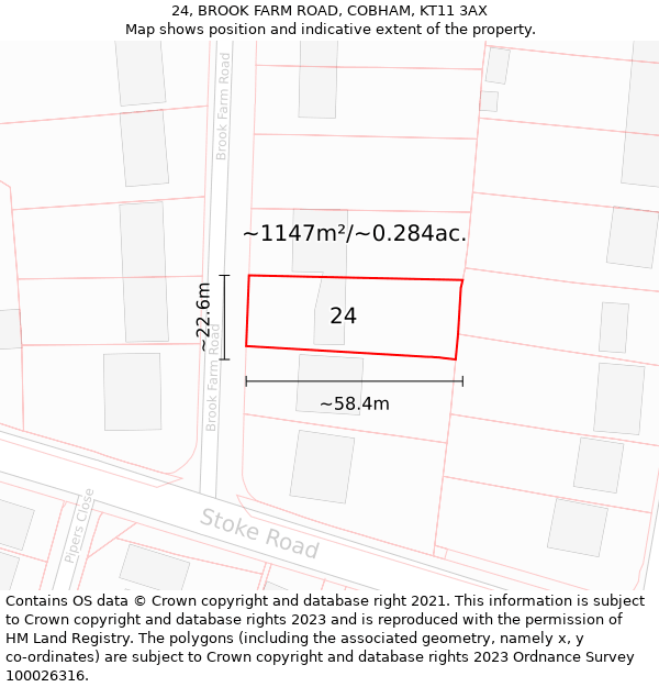 24, BROOK FARM ROAD, COBHAM, KT11 3AX: Plot and title map