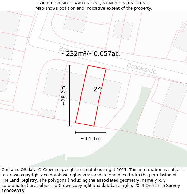 24, BROOKSIDE, BARLESTONE, NUNEATON, CV13 0NL: Plot and title map