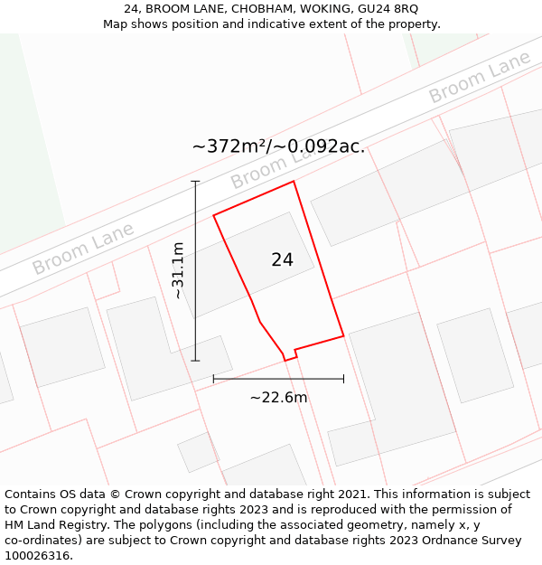 24, BROOM LANE, CHOBHAM, WOKING, GU24 8RQ: Plot and title map