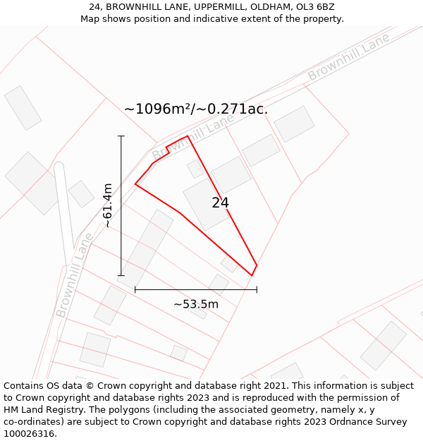 24, BROWNHILL LANE, UPPERMILL, OLDHAM, OL3 6BZ: Plot and title map