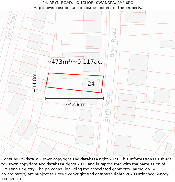 24, BRYN ROAD, LOUGHOR, SWANSEA, SA4 6PG: Plot and title map