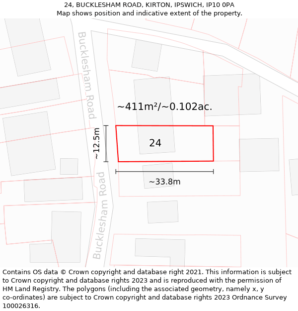 24, BUCKLESHAM ROAD, KIRTON, IPSWICH, IP10 0PA: Plot and title map