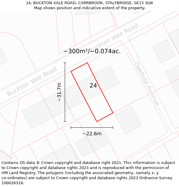 24, BUCKTON VALE ROAD, CARRBROOK, STALYBRIDGE, SK15 3LW: Plot and title map