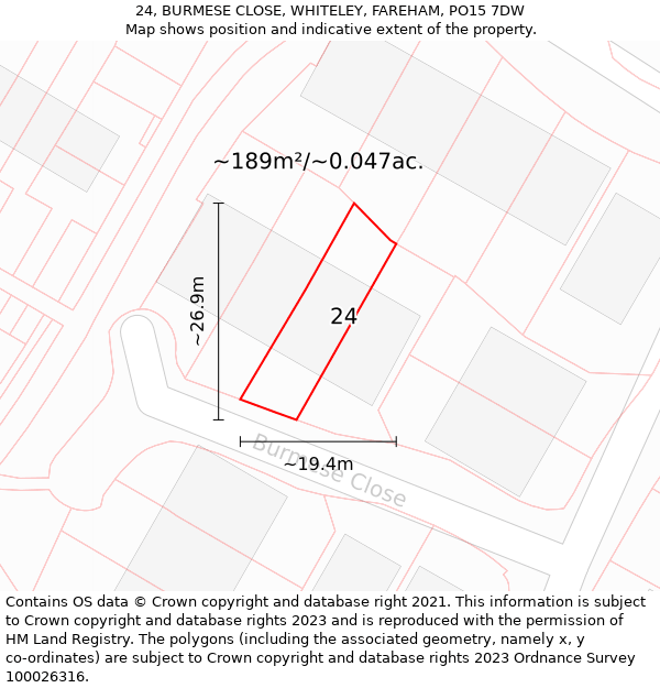 24, BURMESE CLOSE, WHITELEY, FAREHAM, PO15 7DW: Plot and title map