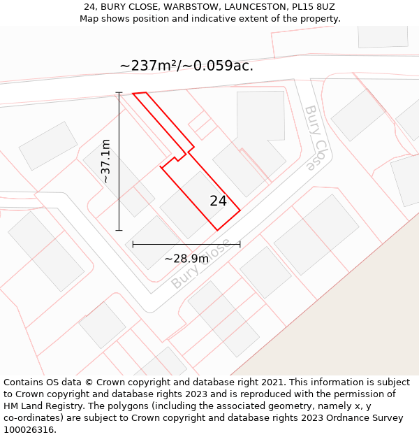 24, BURY CLOSE, WARBSTOW, LAUNCESTON, PL15 8UZ: Plot and title map