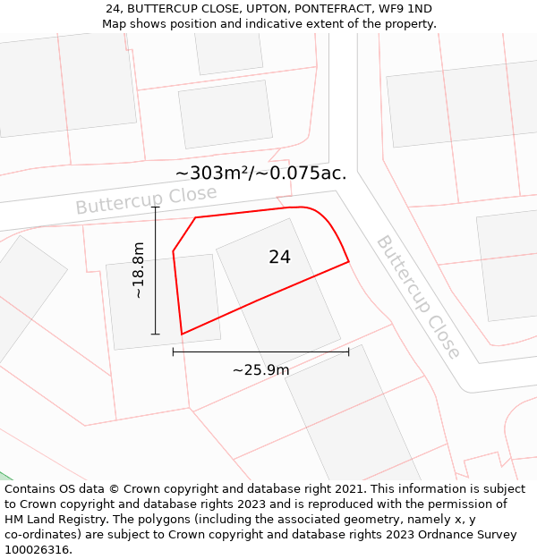 24, BUTTERCUP CLOSE, UPTON, PONTEFRACT, WF9 1ND: Plot and title map