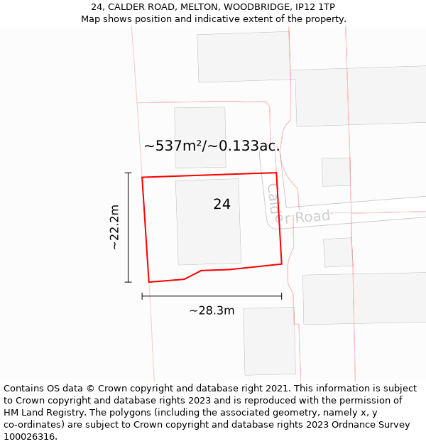 24, CALDER ROAD, MELTON, WOODBRIDGE, IP12 1TP: Plot and title map