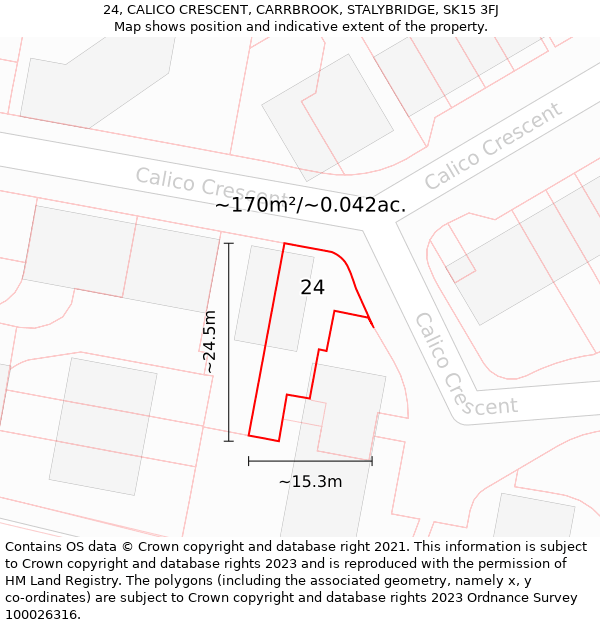 24, CALICO CRESCENT, CARRBROOK, STALYBRIDGE, SK15 3FJ: Plot and title map